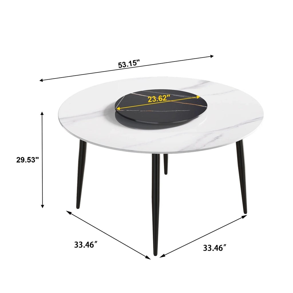 Marbella Sintered Stone Dining Table | 53" White Gloss Round With Metal Base & Lazy Susan
