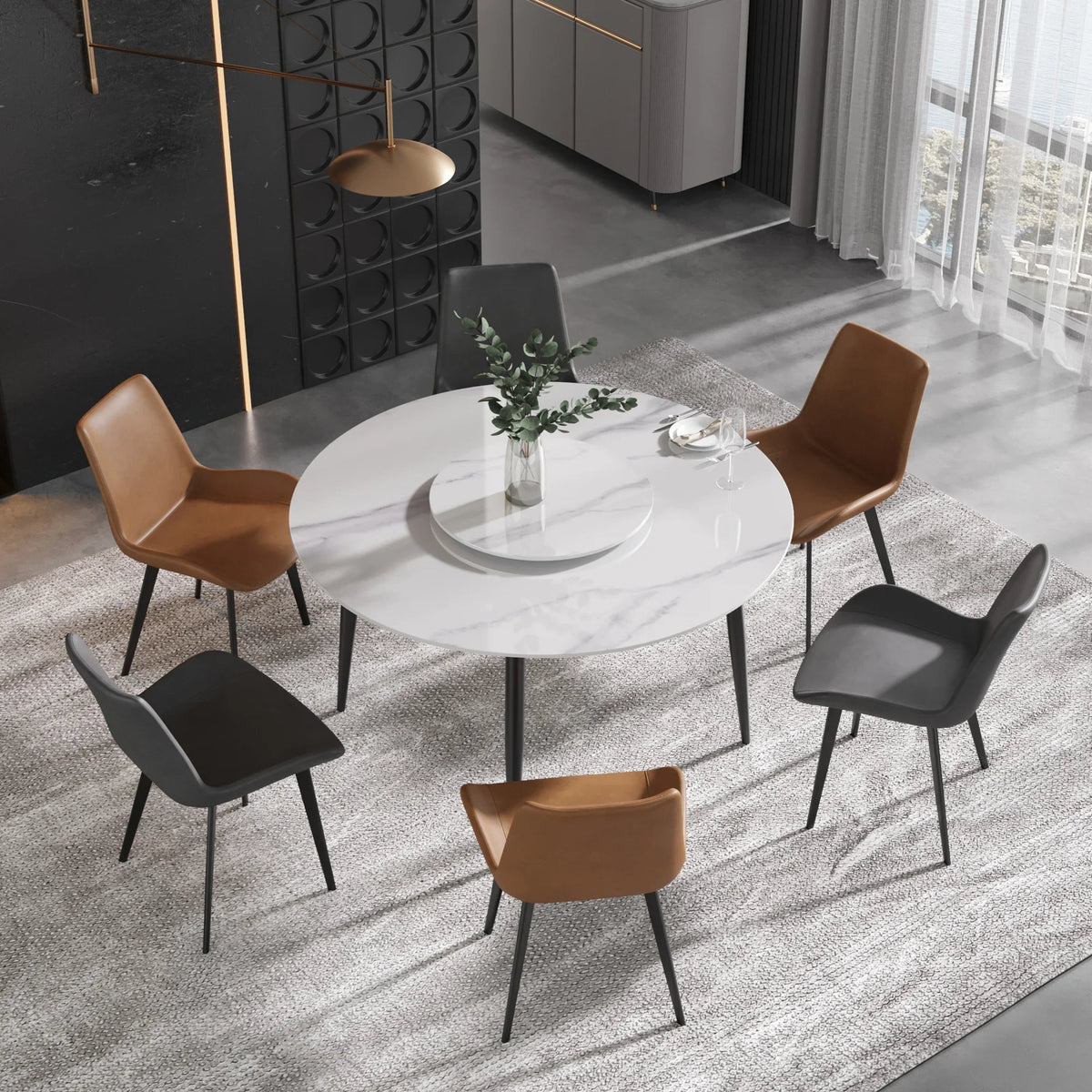 Marbella Sintered Stone Dining Table | 53" White Gloss Round With Metal Base & Lazy Susan