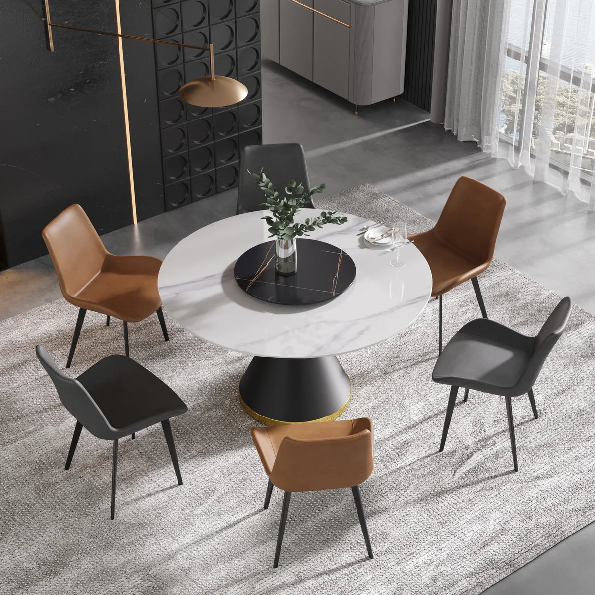 Marbella Sintered Stone Dining Table | 53" White Gloss Round With Metal Base & Lazy Susan