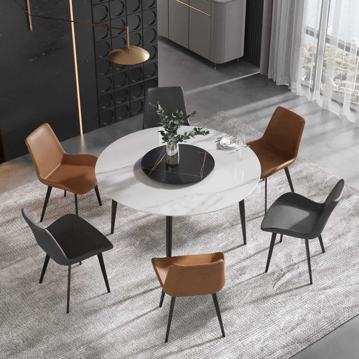Marbella Sintered Stone Dining Table | 53" White Gloss Round With Metal Base & Lazy Susan