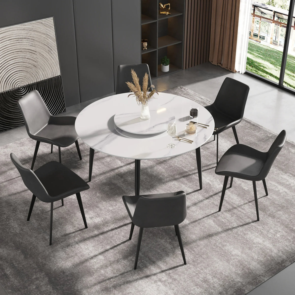 Marbella Sintered Stone Dining Table | 53" White Gloss Round With Metal Base & Lazy Susan