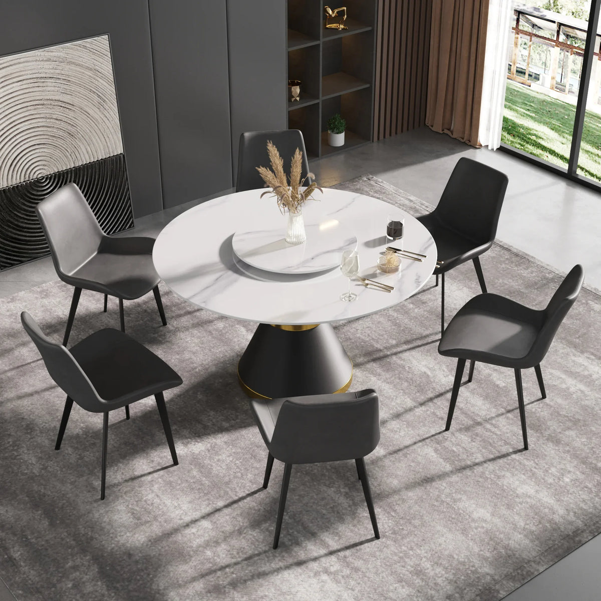 Marbella Sintered Stone Dining Table | 53" White Gloss Round With Metal Base & Lazy Susan