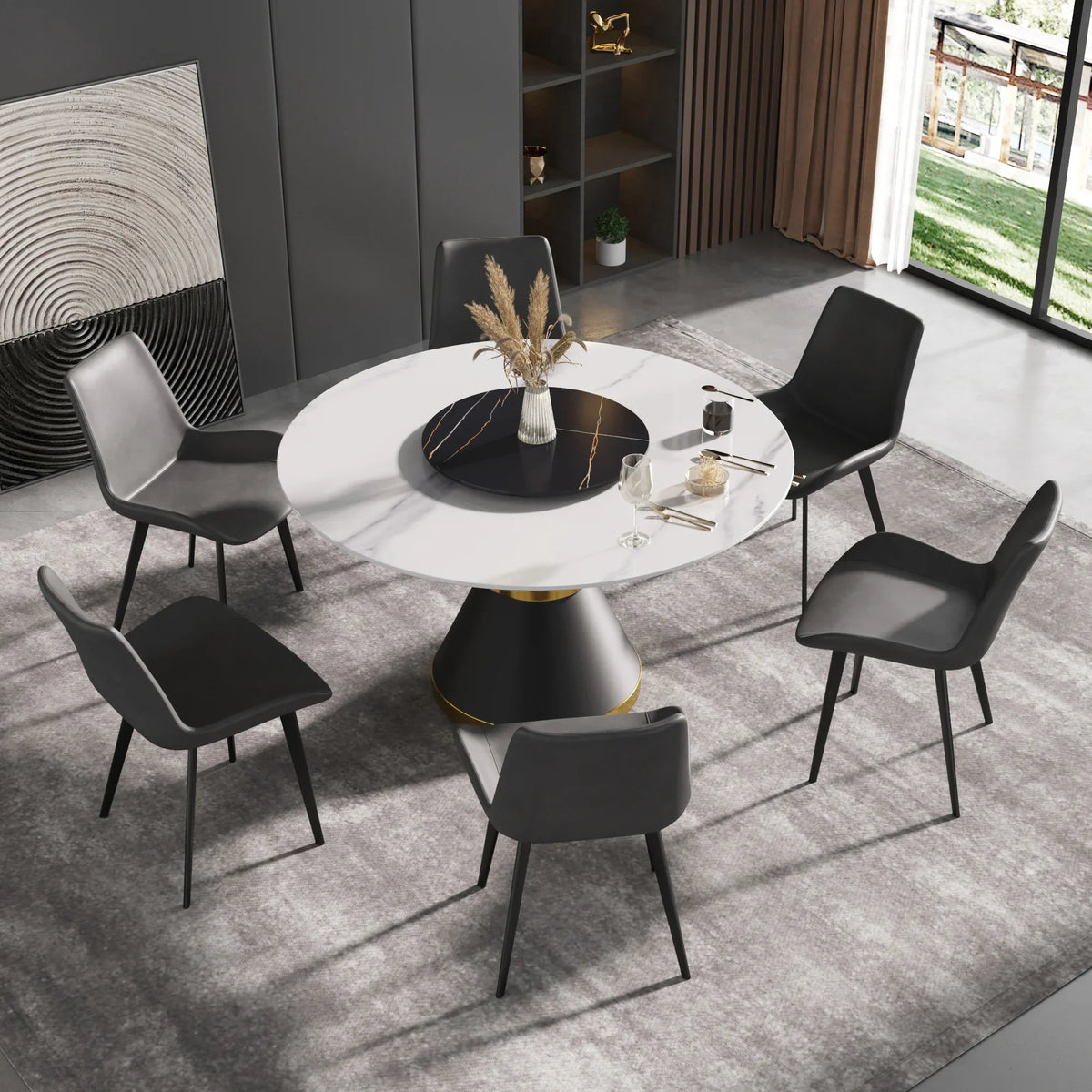 Marbella Sintered Stone Dining Table | 53" White Gloss Round With Metal Base & Lazy Susan