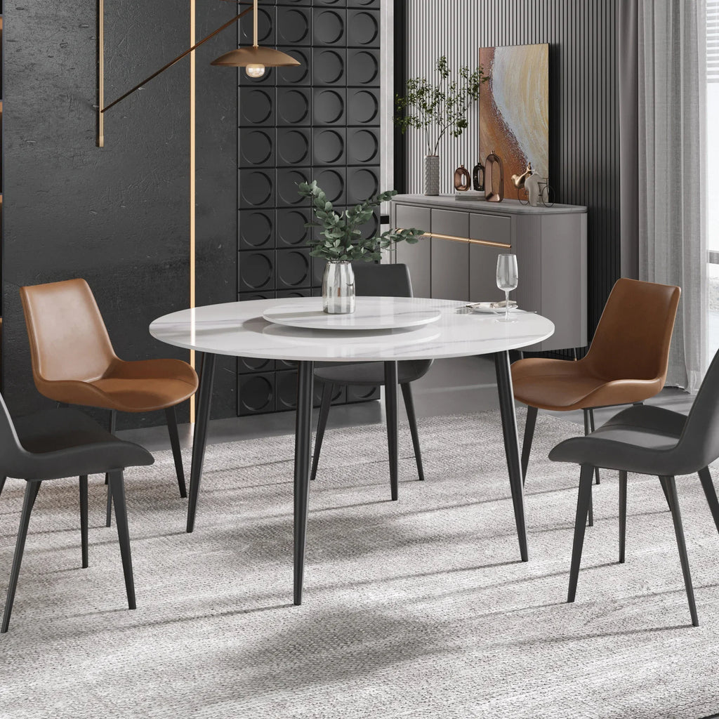 Marbella Sintered Stone Dining Table | 53" White Gloss Round With Metal Base & Lazy Susan