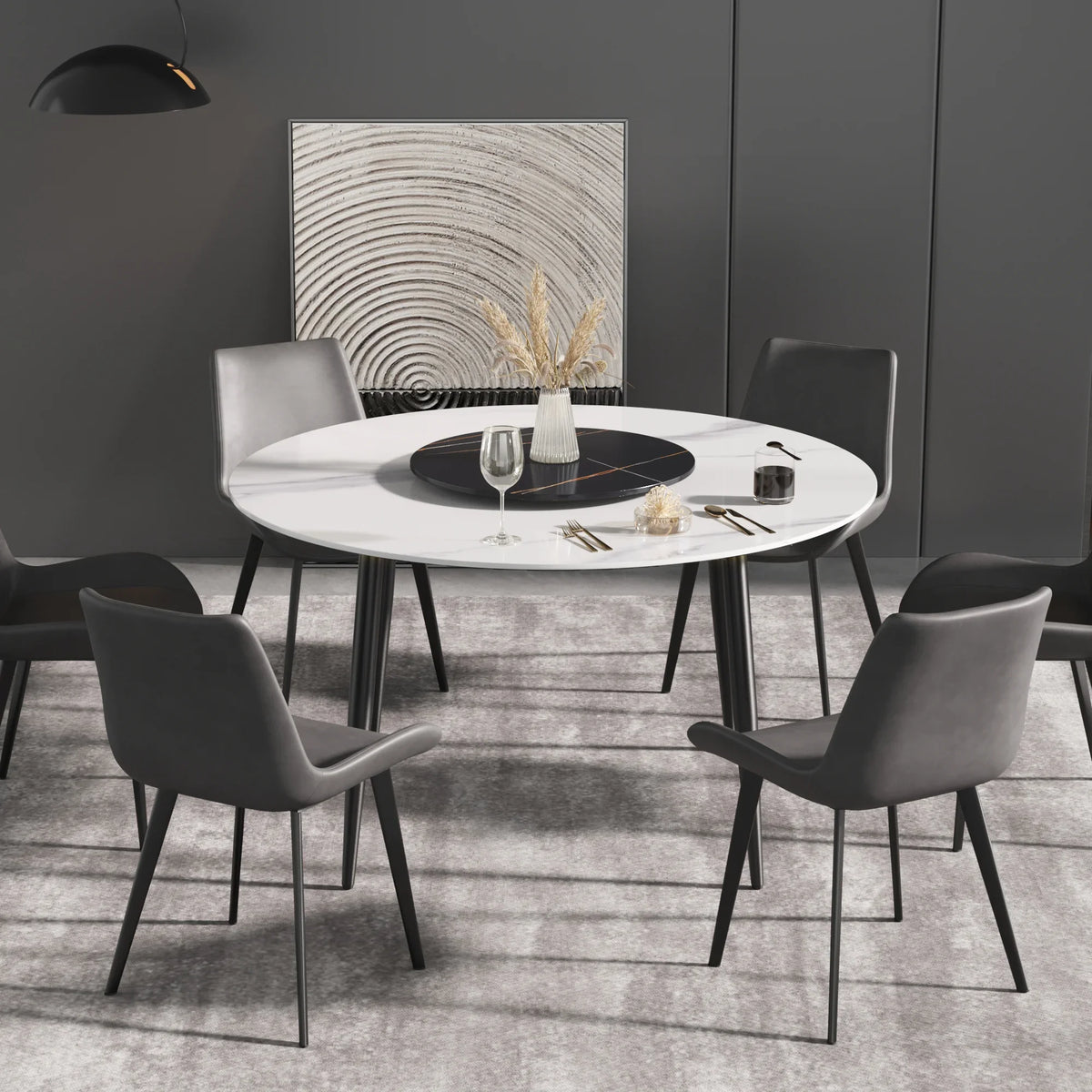 Marbella Sintered Stone Dining Table | 53" White Gloss Round With Metal Base & Lazy Susan