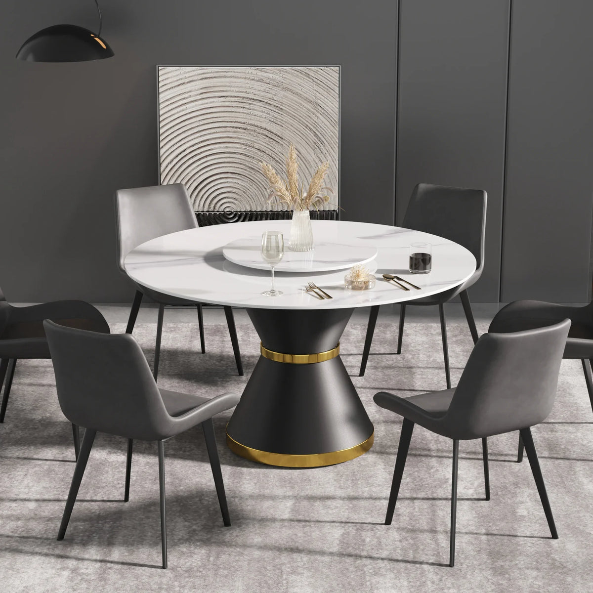 Marbella Sintered Stone Dining Table | 53" White Gloss Round With Metal Base & Lazy Susan