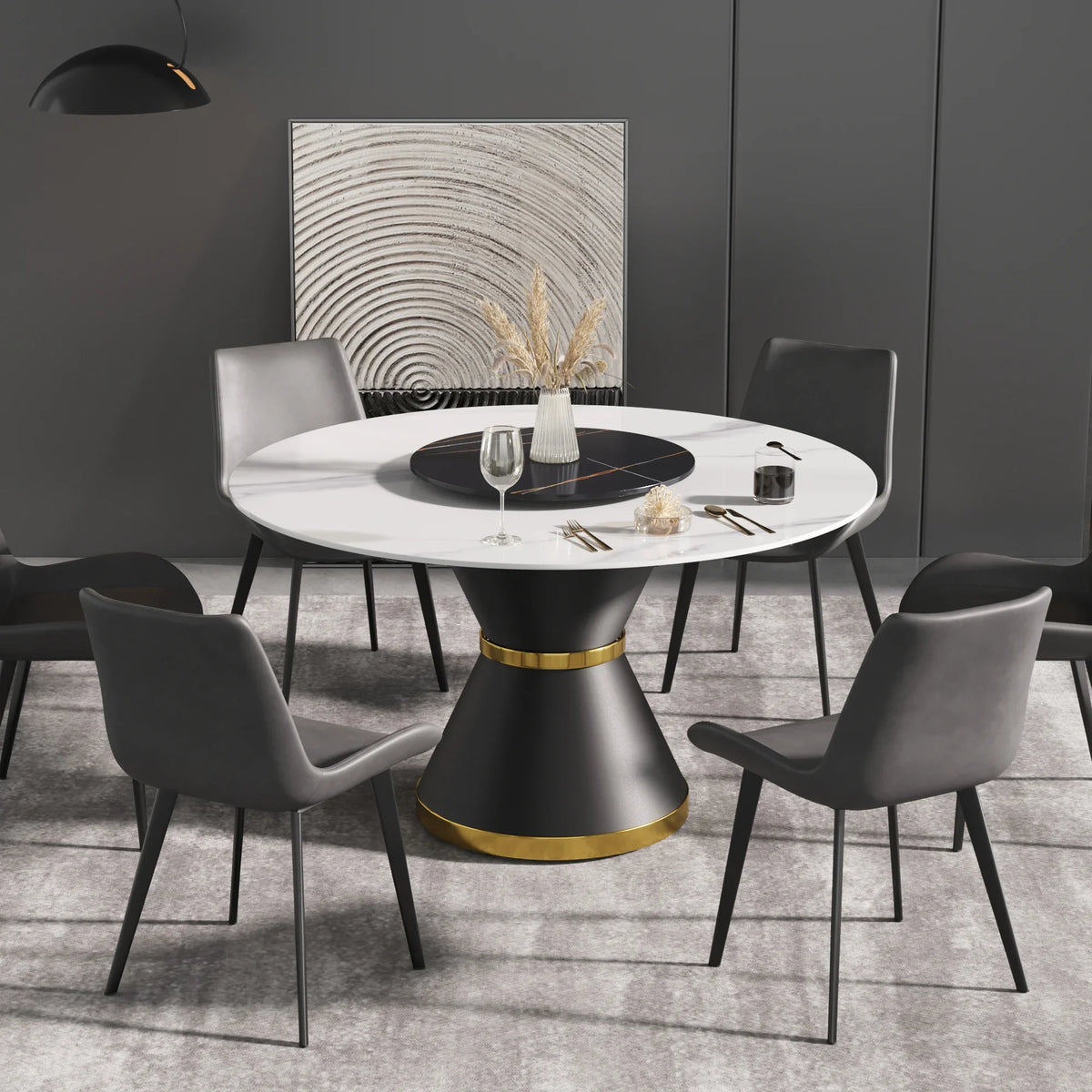 Marbella Sintered Stone Dining Table | 53" White Gloss Round With Metal Base & Lazy Susan