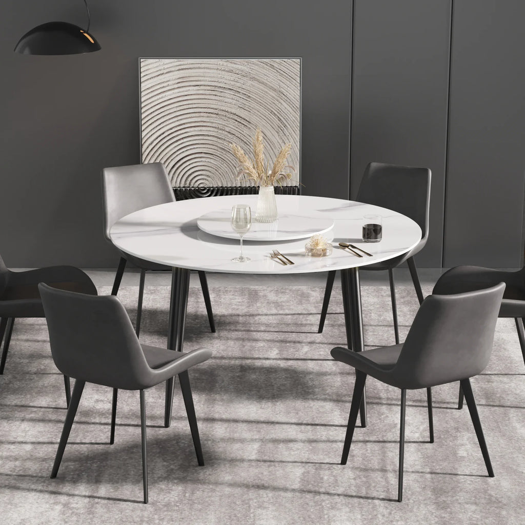 Marbella Sintered Stone Dining Table | 53" White Gloss Round With Metal Base & Lazy Susan