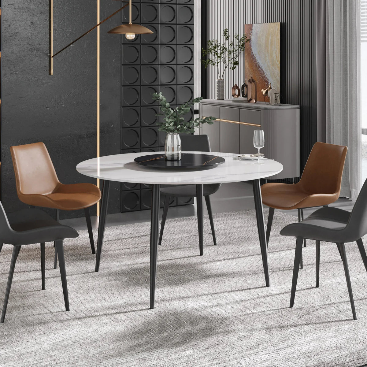 Marbella Sintered Stone Dining Table | 53" White Gloss Round With Metal Base & Lazy Susan