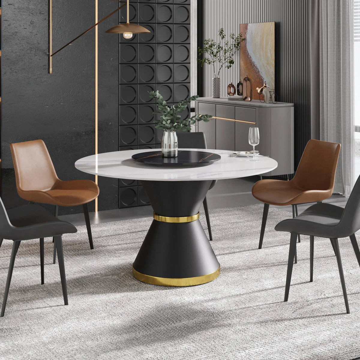 Marbella Sintered Stone Dining Table | 53" White Gloss Round With Metal Base & Lazy Susan