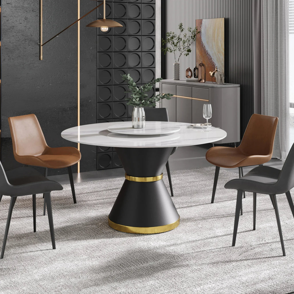 Marbella Sintered Stone Dining Table | 53" White Gloss Round With Metal Base & Lazy Susan