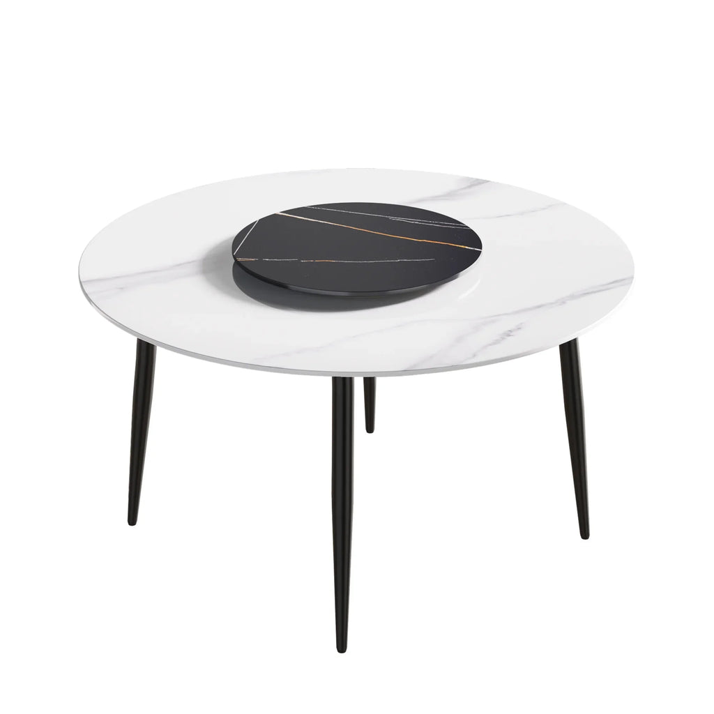 Marbella Sintered Stone Dining Table | 53" White Gloss Round With Metal Base & Lazy Susan