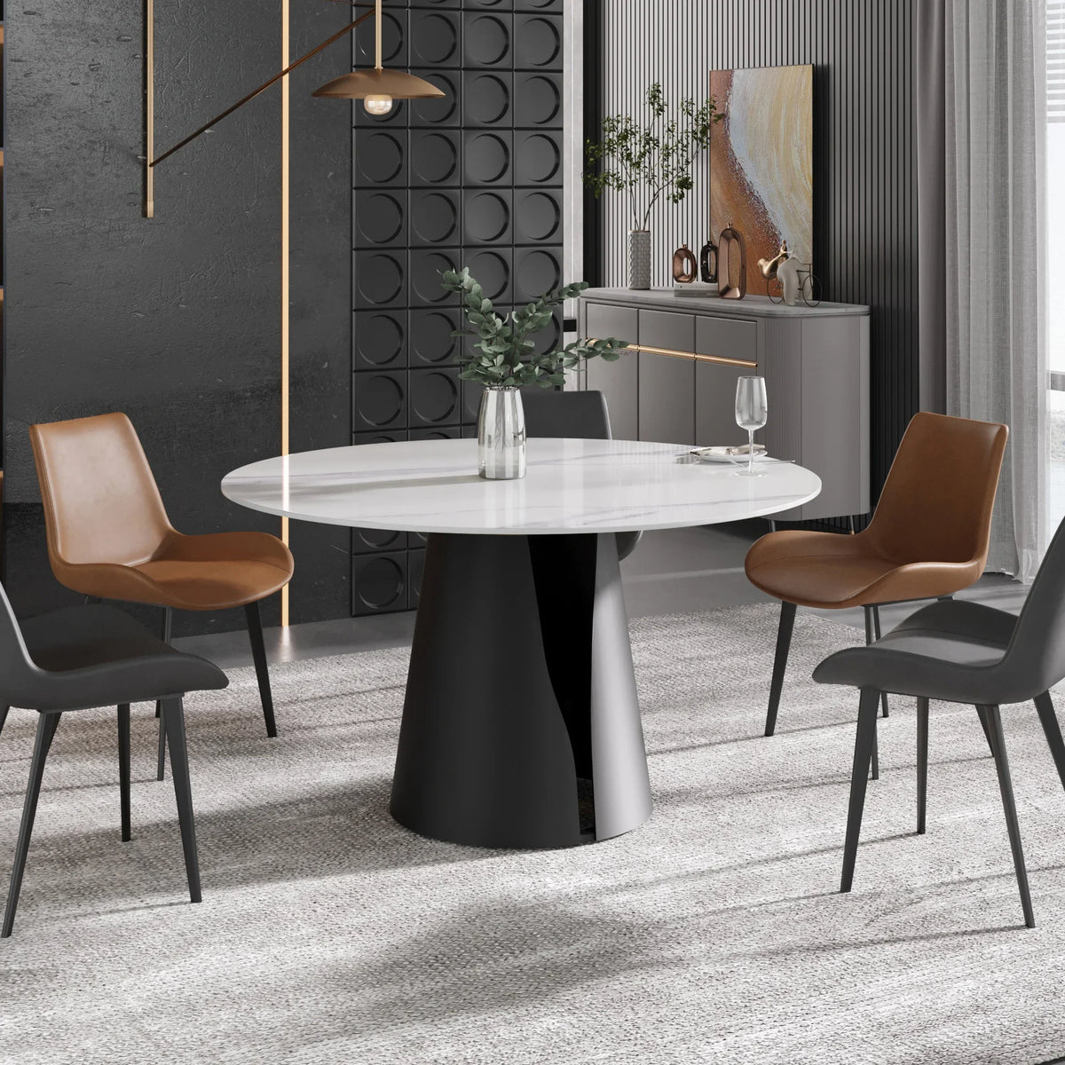 Marbella Sintered Stone Dining Table | 53" White Gloss Round With Metal Base