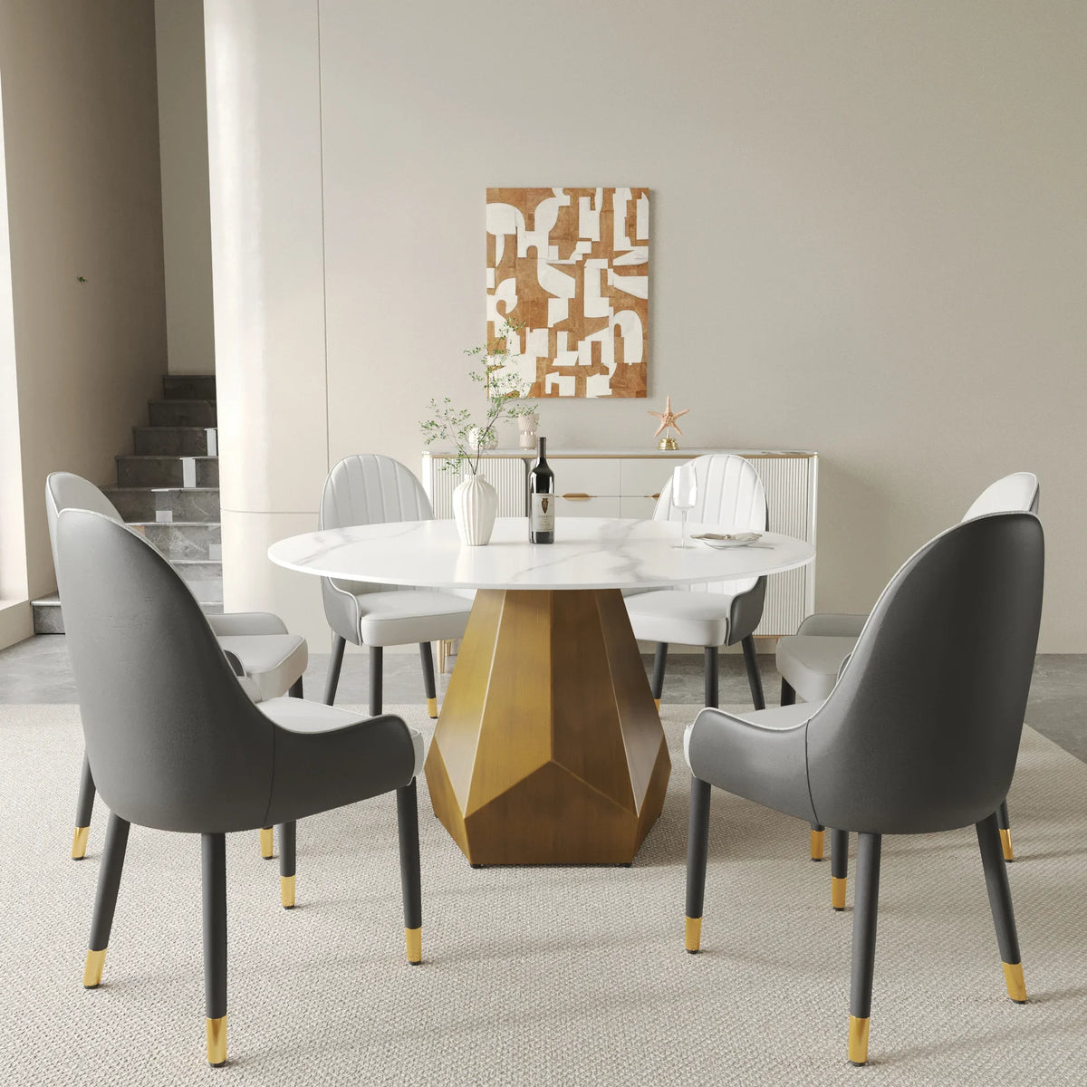 Marbella Sintered Stone Dining Table | 53" White Gloss Round With Metal Base