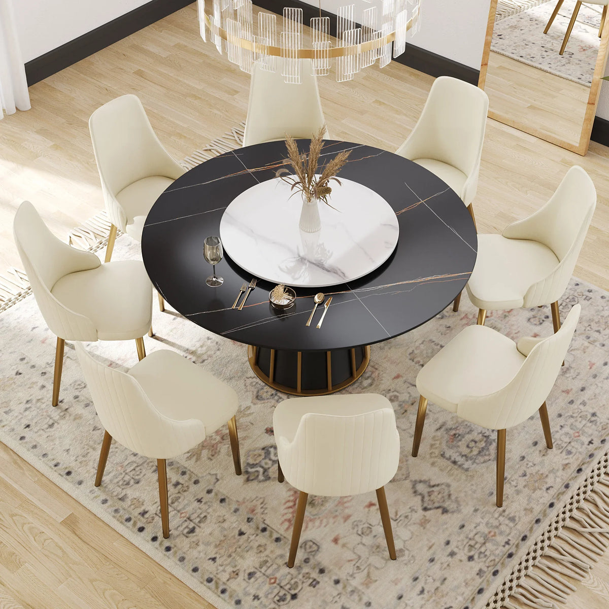 Marbella Sintered Stone Dining Table | 59" Matte Black Round With Lazy Susan Turntable