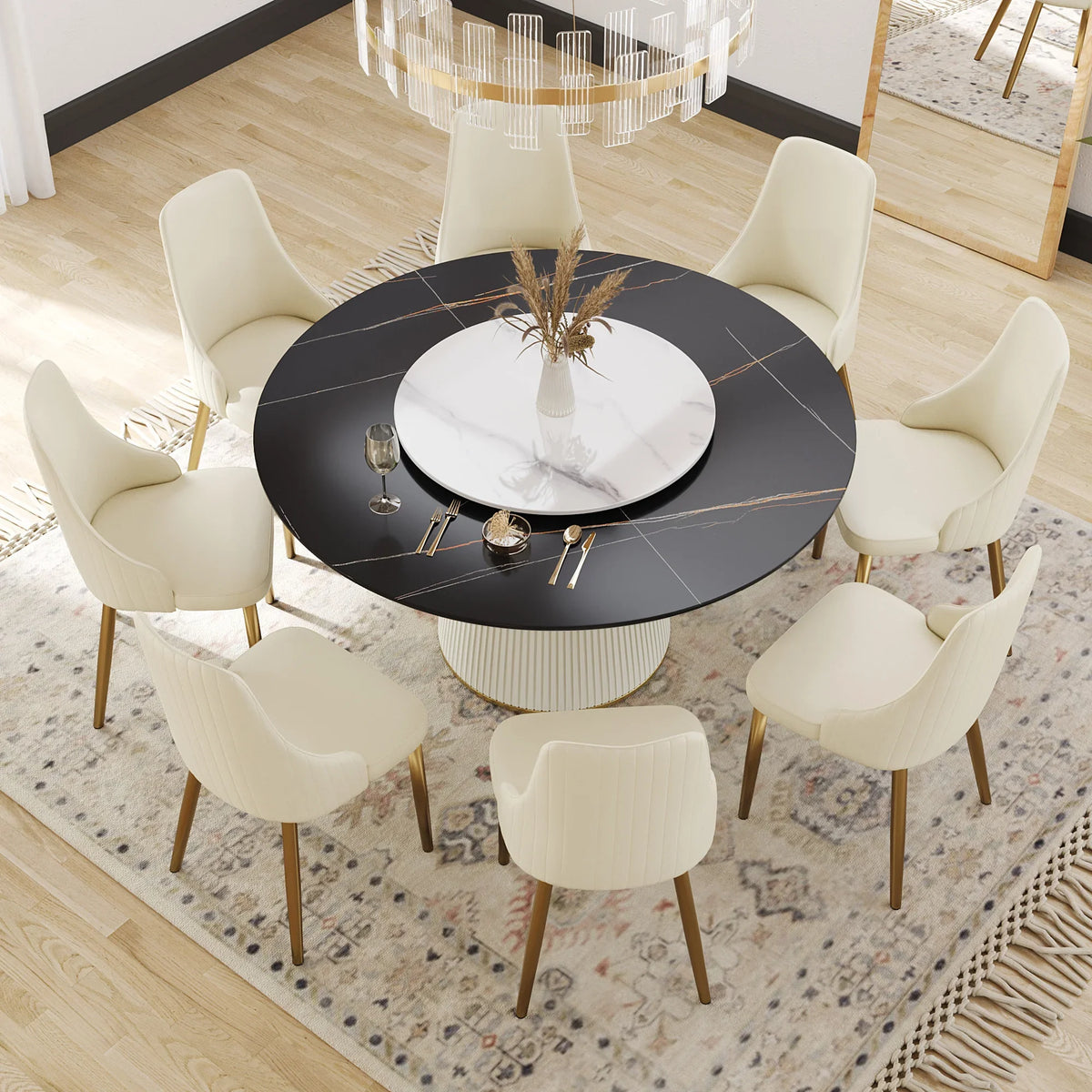 Marbella Sintered Stone Dining Table | 59" Matte Black Round With Lazy Susan Turntable