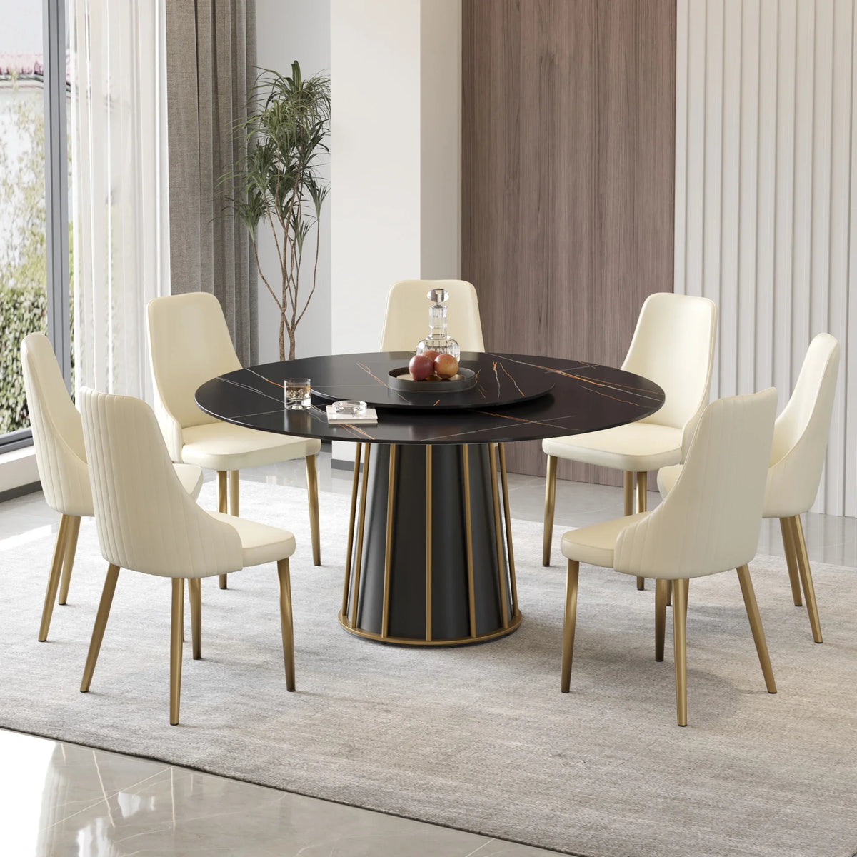 Marbella Sintered Stone Dining Table | 59" Matte Black Round With Lazy Susan Turntable