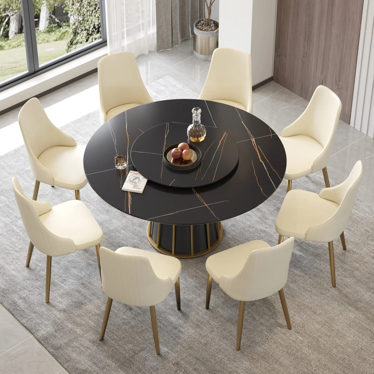 Marbella Sintered Stone Dining Table | 59" Matte Black Round With Lazy Susan Turntable