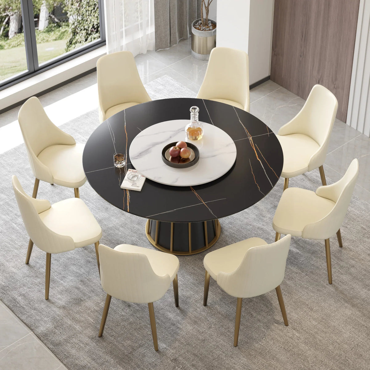 Marbella Sintered Stone Dining Table | 59" Matte Black Round With Lazy Susan Turntable