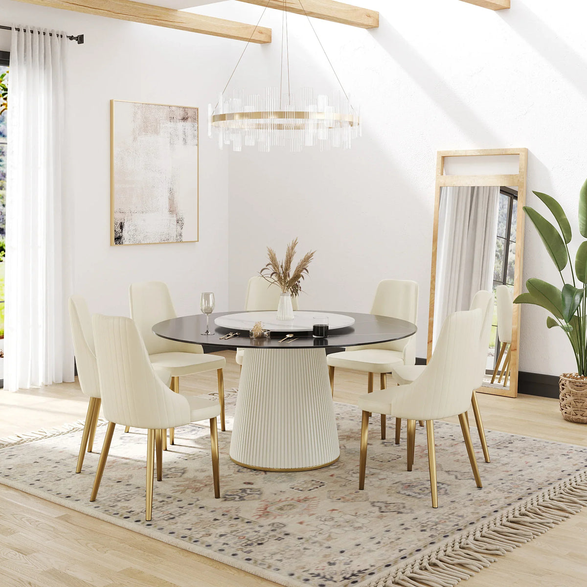Marbella Sintered Stone Dining Table | 59" Matte Black Round With Lazy Susan Turntable