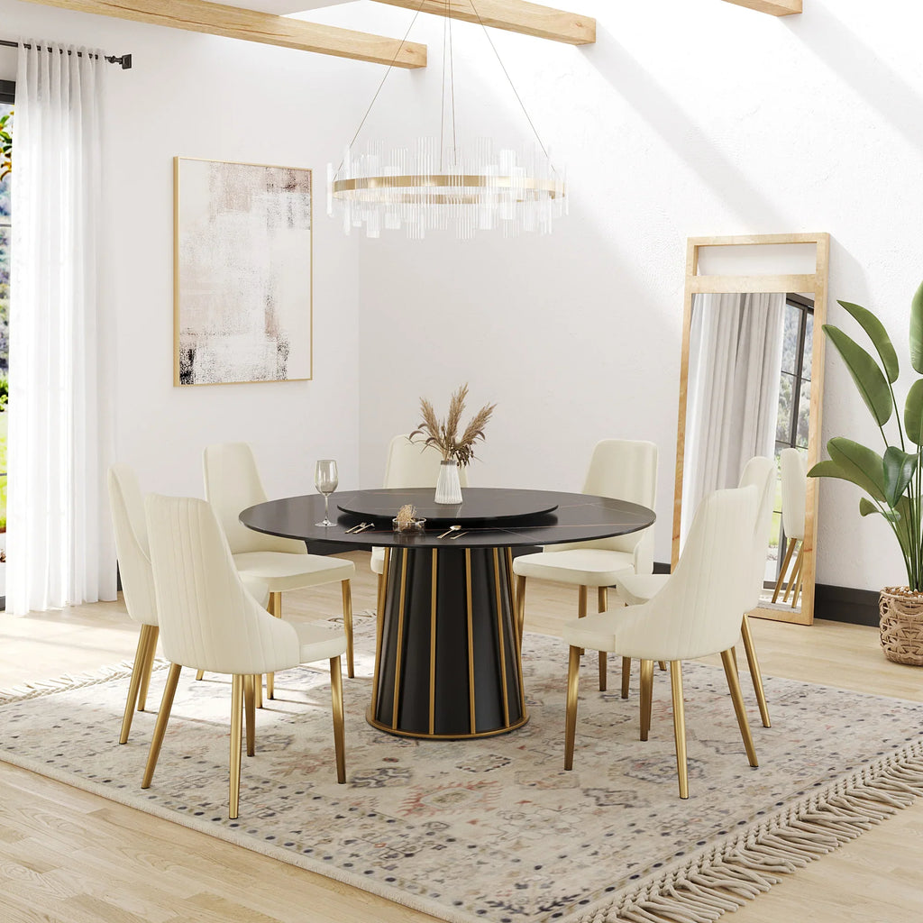 Marbella Sintered Stone Dining Table | 59" Matte Black Round With Lazy Susan Turntable