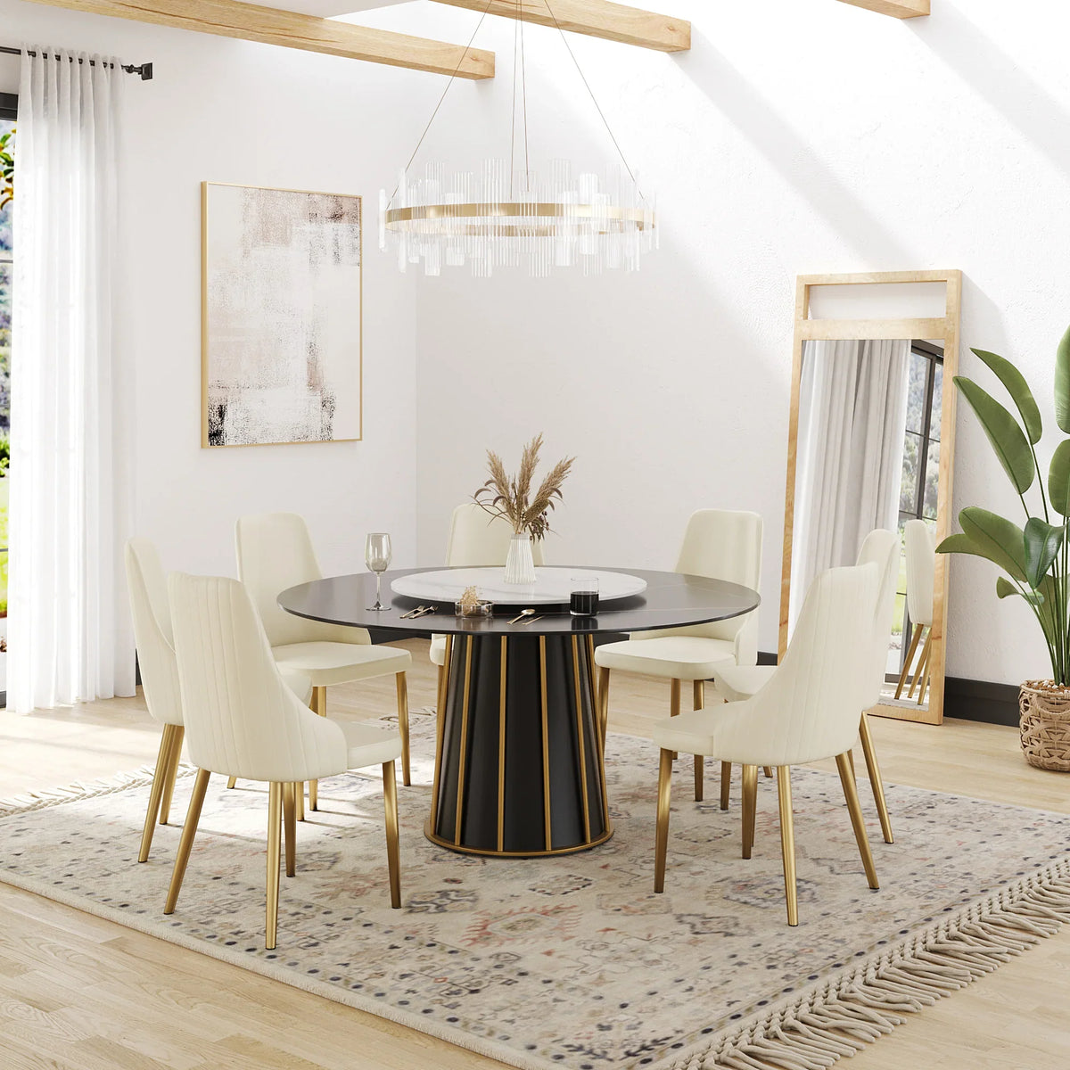 Marbella Sintered Stone Dining Table | 59" Matte Black Round With Lazy Susan Turntable
