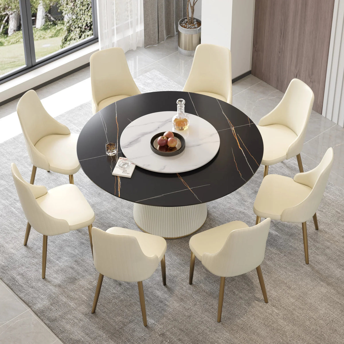 Marbella Sintered Stone Dining Table | 59" Matte Black Round With Lazy Susan Turntable