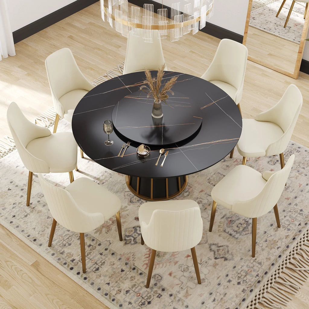 Marbella Sintered Stone Dining Table | 59" Matte Black Round With Lazy Susan Turntable