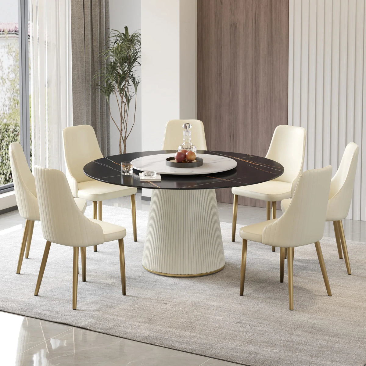 Marbella Sintered Stone Dining Table | 59" Matte Black Round With Lazy Susan Turntable