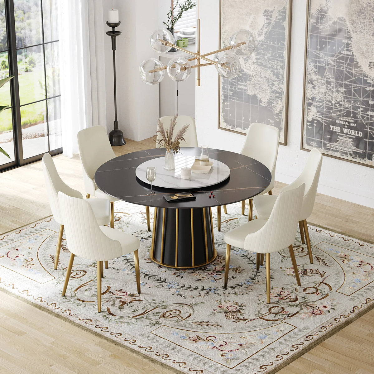Marbella Sintered Stone Dining Table | 59" Matte Black Round With Lazy Susan Turntable