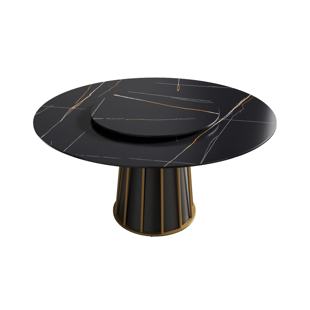 Marbella Sintered Stone Dining Table | 59" Matte Black Round With Lazy Susan Turntable