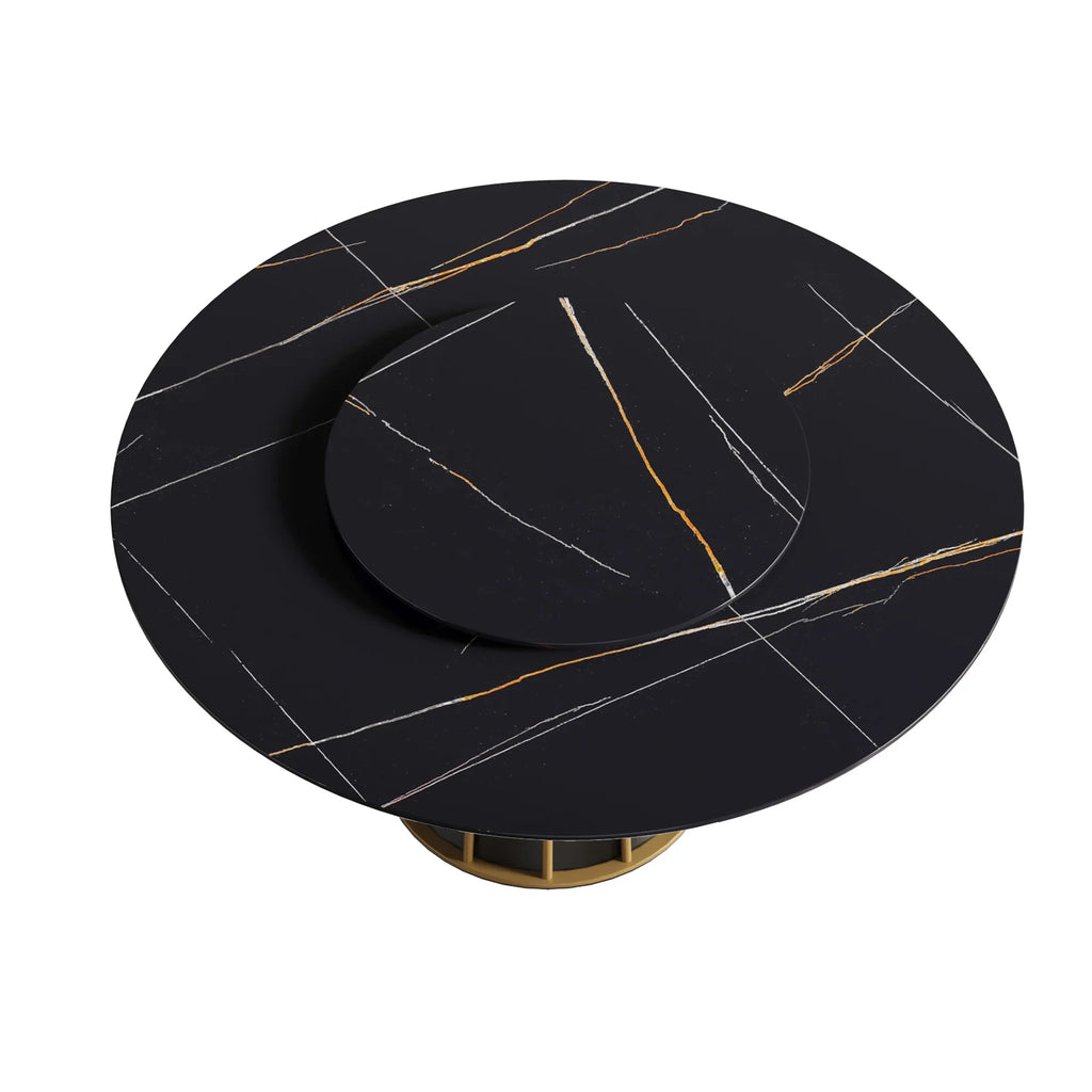 Marbella Sintered Stone Dining Table | 59" Matte Black Round With Lazy Susan Turntable