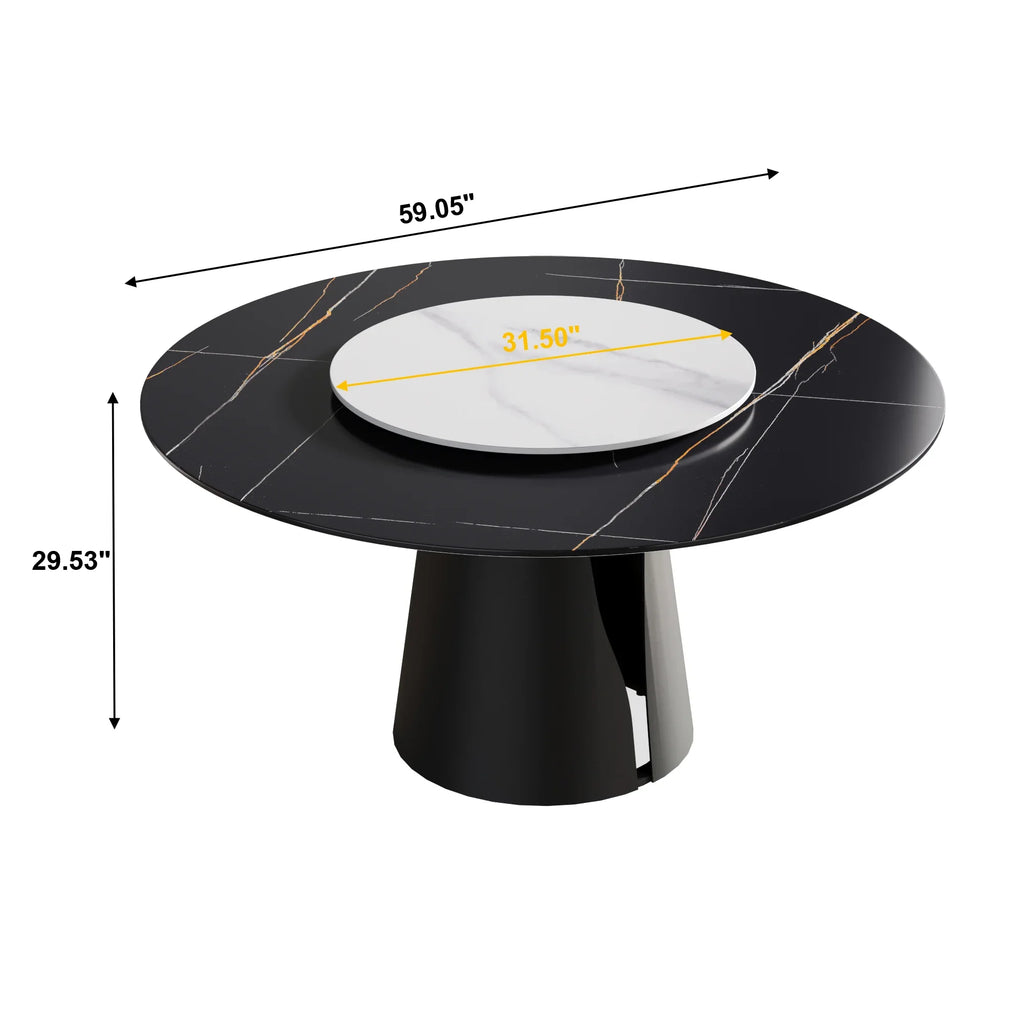 Marbella Sintered Stone Dining Table | 59" Matte Black Round With Lazy Susan Turntable