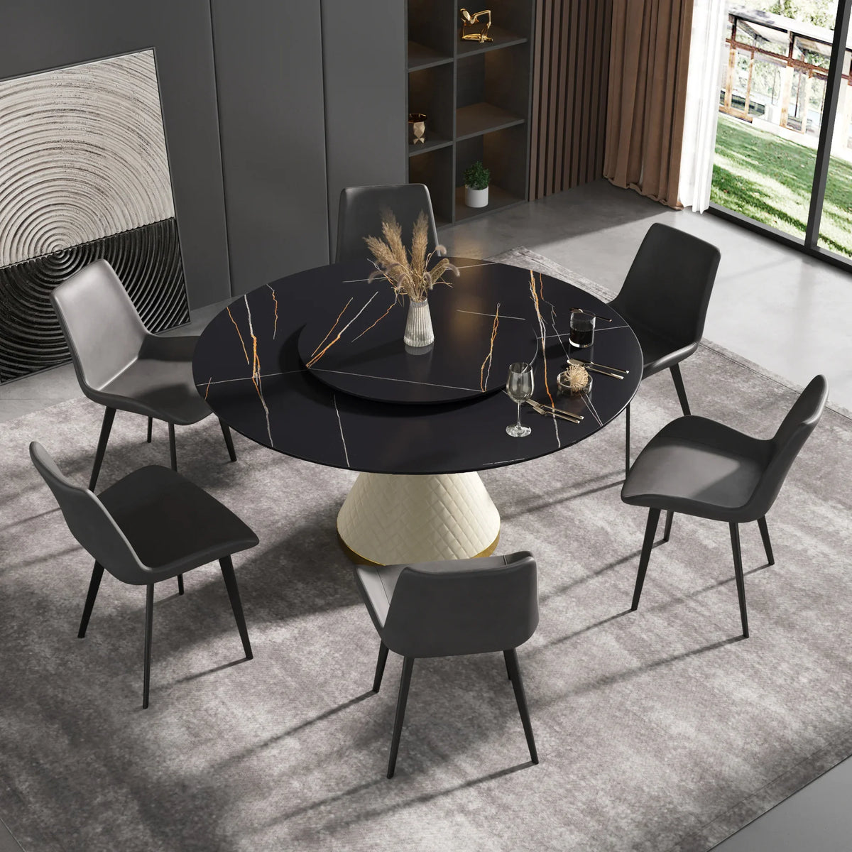 Marbella Sintered Stone Dining Table | 59" Matte Black Round With Lazy Susan Turntable