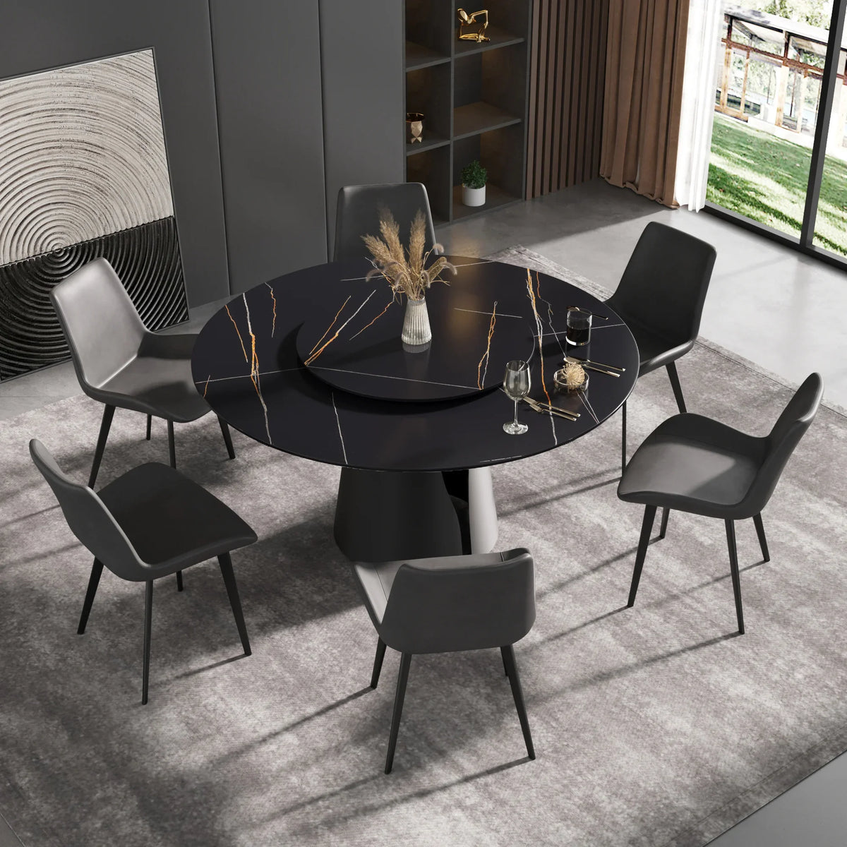 Marbella Sintered Stone Dining Table | 59" Matte Black Round With Lazy Susan Turntable