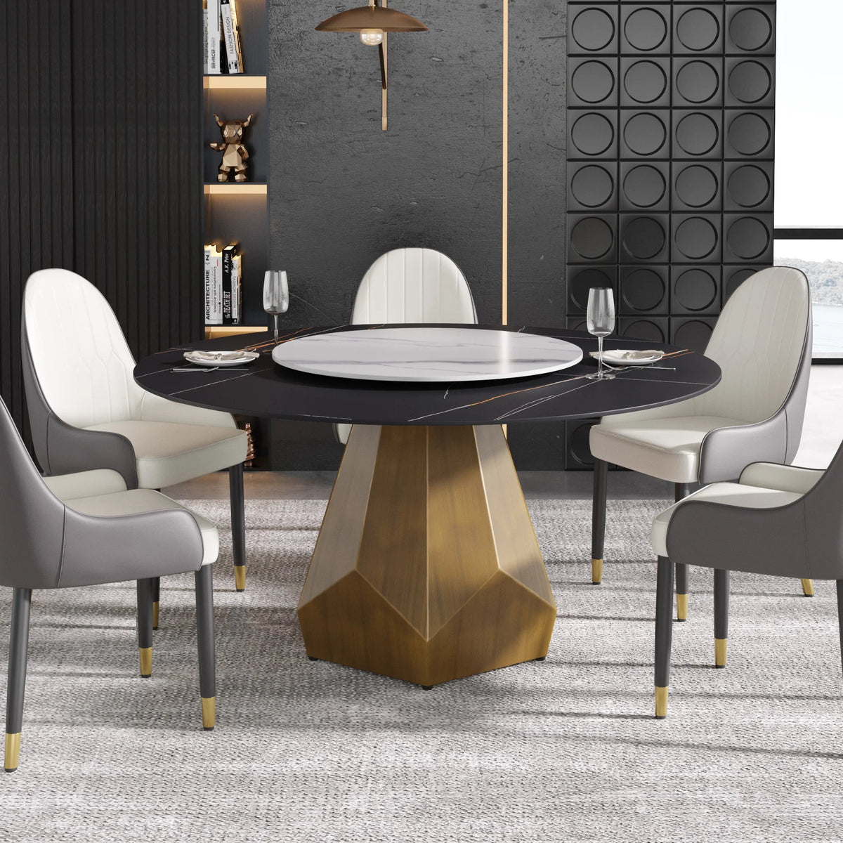 Marbella Sintered Stone Dining Table | 59" Matte Black Round With Lazy Susan Turntable