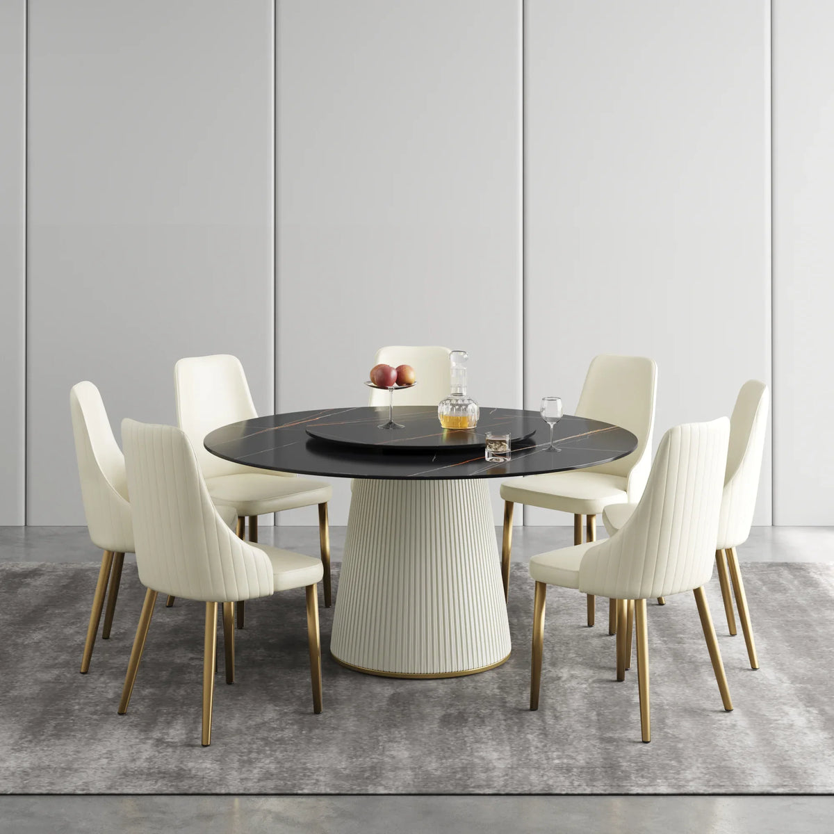 Marbella Sintered Stone Dining Table | 59" Matte Black Round With Lazy Susan Turntable