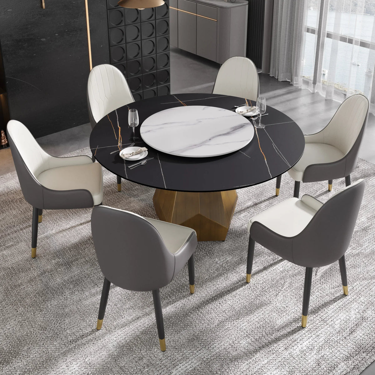 Marbella Sintered Stone Dining Table | 59" Matte Black Round With Lazy Susan Turntable
