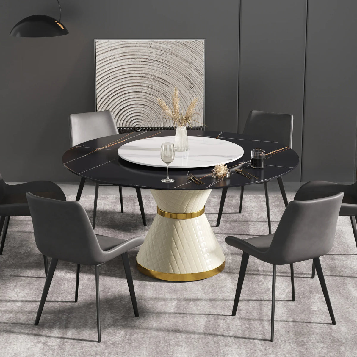 Marbella Sintered Stone Dining Table | 59" Matte Black Round With Lazy Susan Turntable