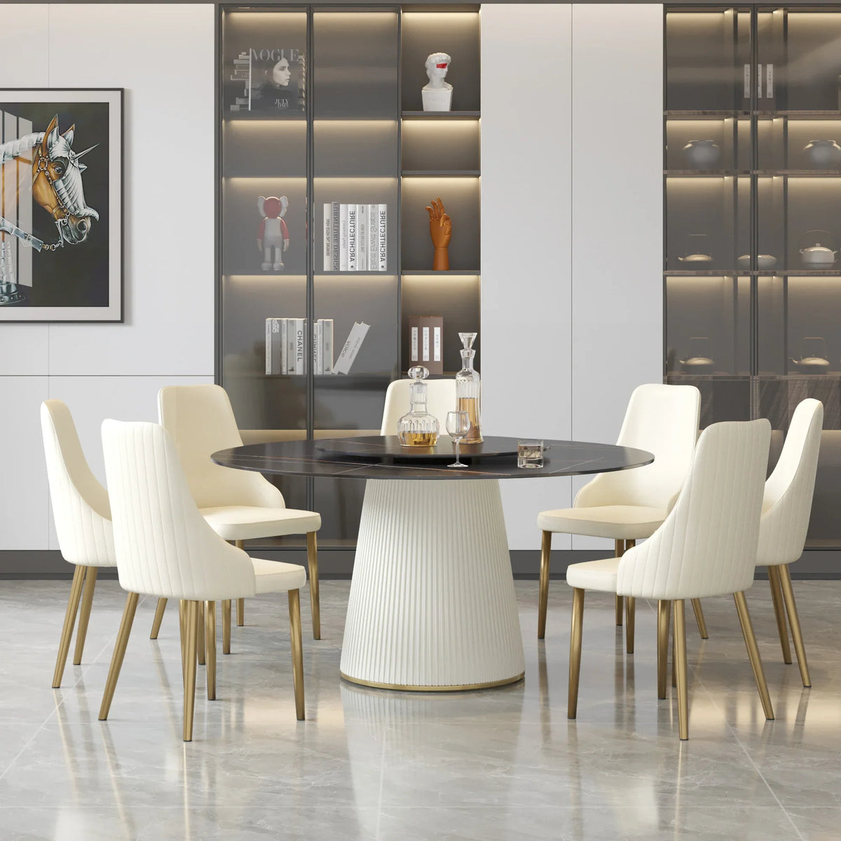 Marbella Sintered Stone Dining Table | 59" Matte Black Round With Lazy Susan Turntable