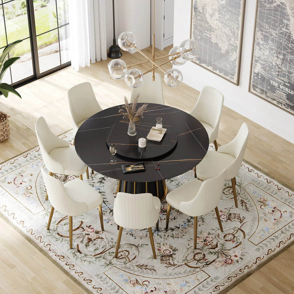 Marbella Sintered Stone Dining Table | 59" Matte Black Round With Lazy Susan Turntable