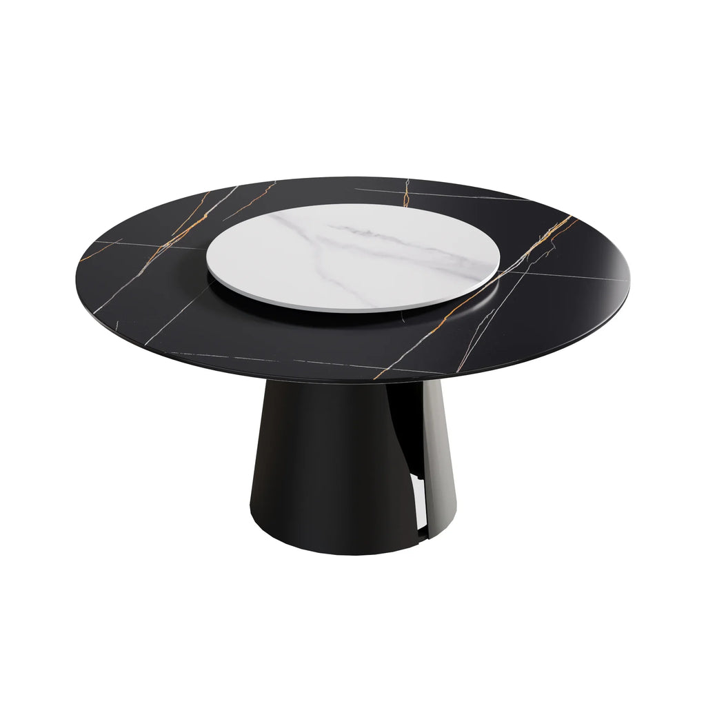 Marbella Sintered Stone Dining Table | 59" Matte Black Round With Lazy Susan Turntable