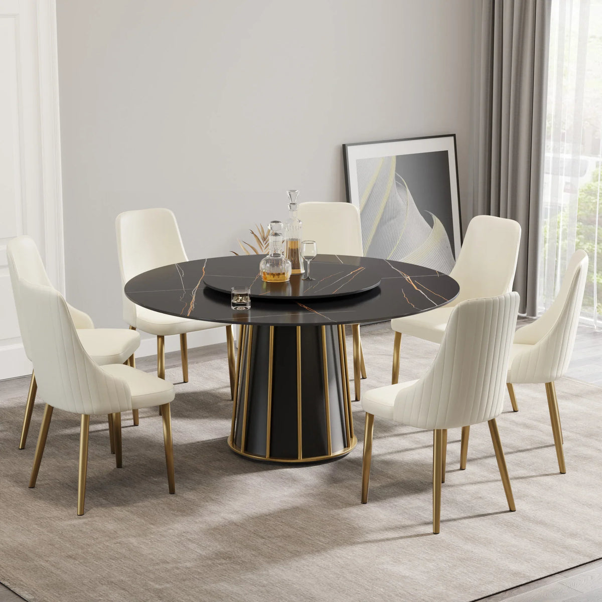 Marbella Sintered Stone Dining Table | 59" Matte Black Round With Lazy Susan Turntable