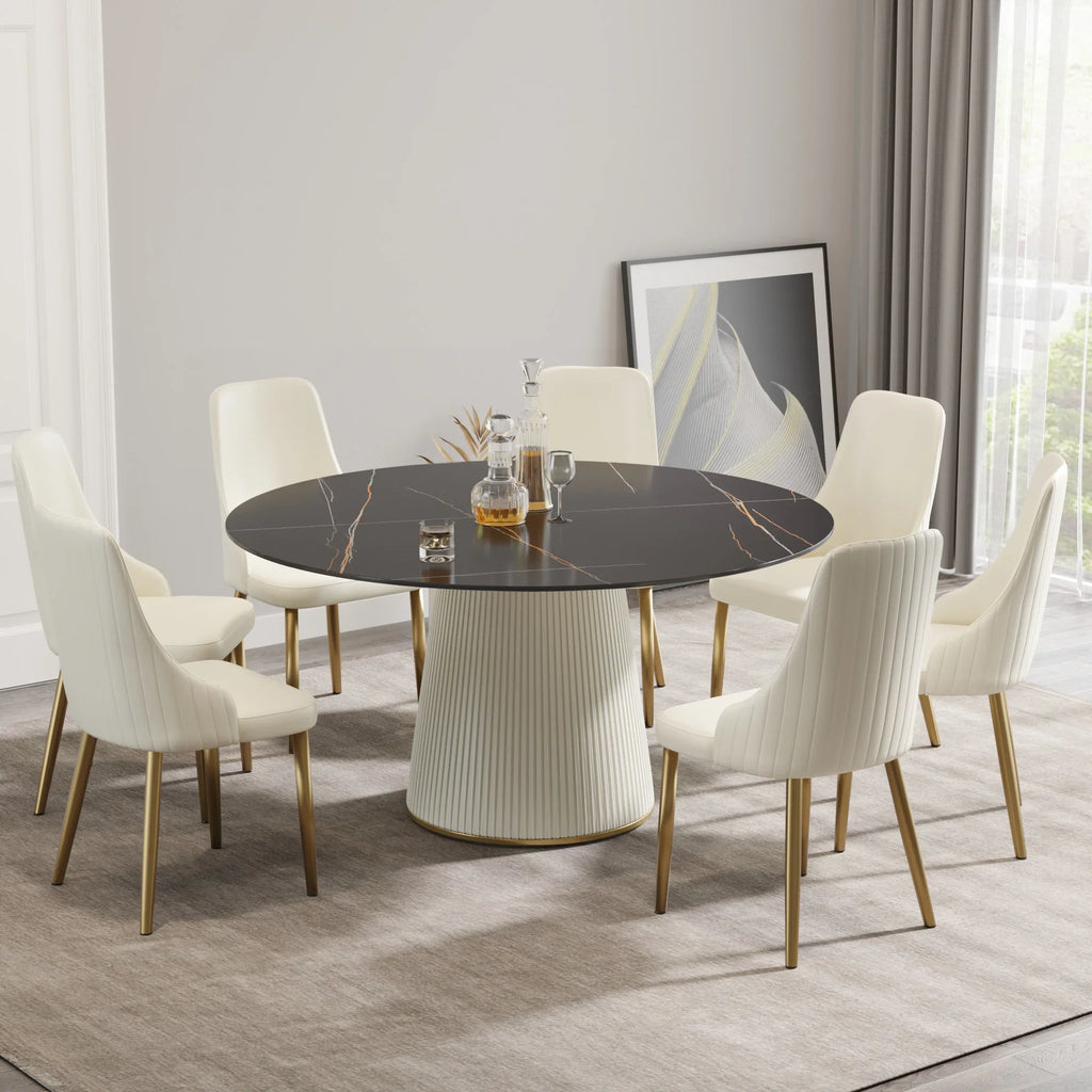 Marbella Sintered Stone Dining Table | 59" Matte Black Round With Leather-Covered Base