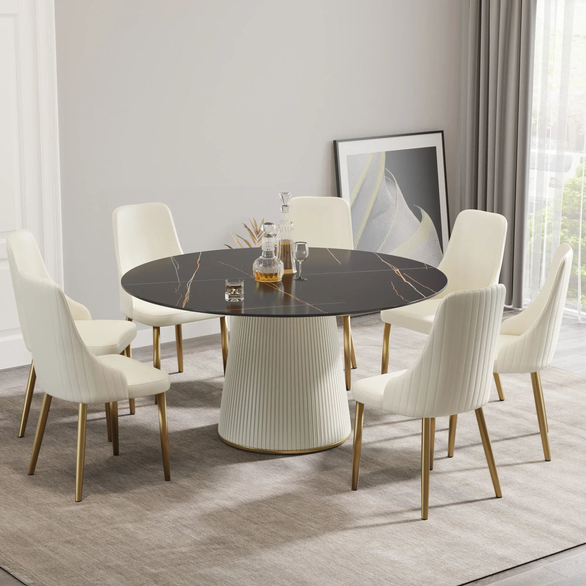 Marbella Sintered Stone Dining Table | 59" Matte Black Round With Leather-Covered Base