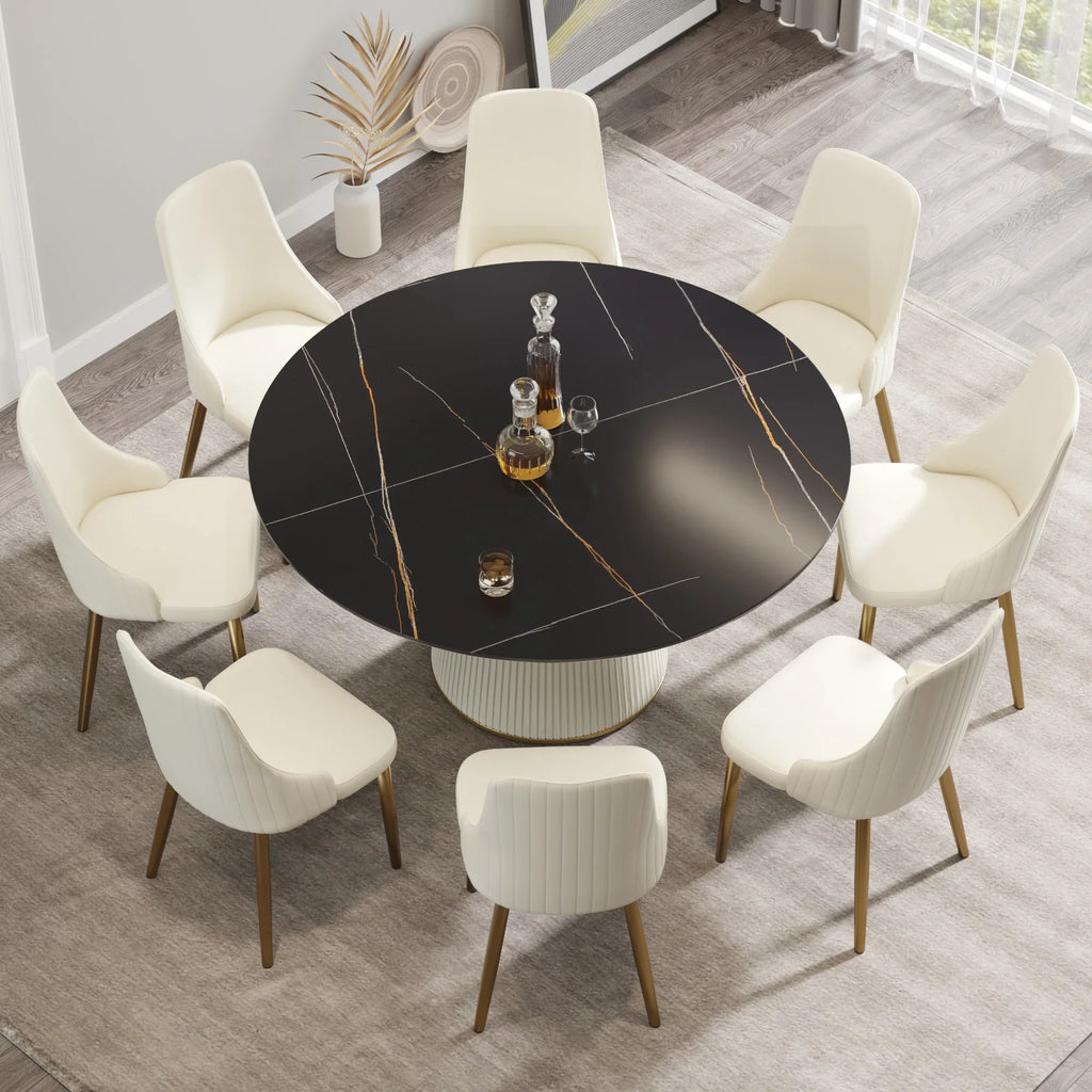 Marbella Sintered Stone Dining Table | 59" Matte Black Round With Leather-Covered Base