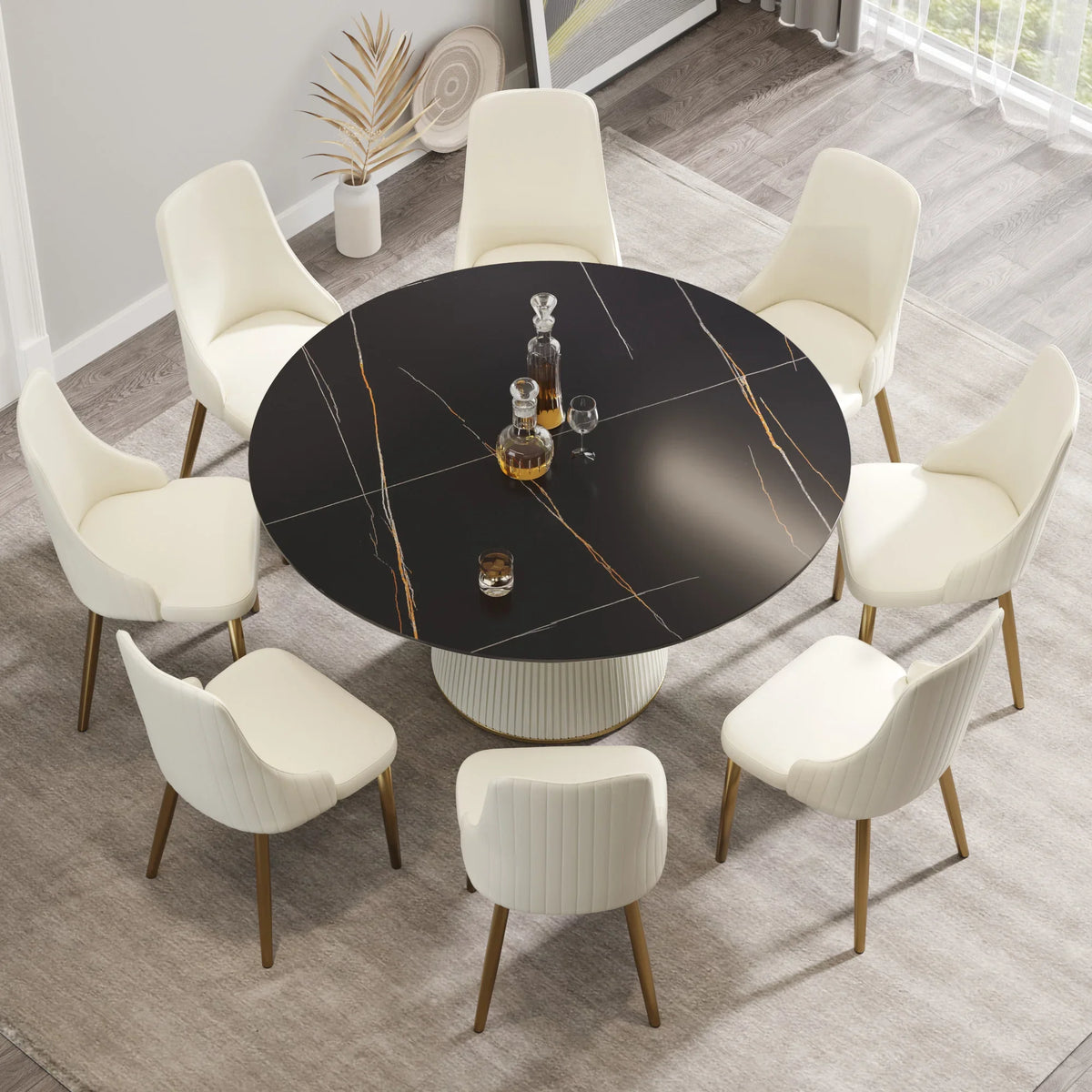 Marbella Sintered Stone Dining Table | 59" Matte Black Round With Leather-Covered Base