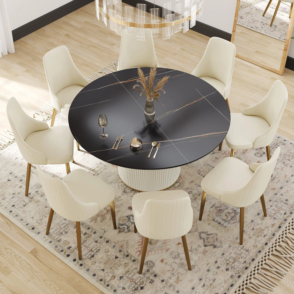 Marbella Sintered Stone Dining Table | 59" Matte Black Round With Leather-Covered Base