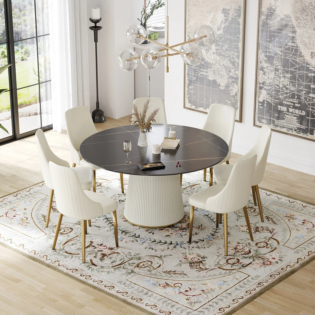 Marbella Sintered Stone Dining Table | 59" Matte Black Round With Leather-Covered Base