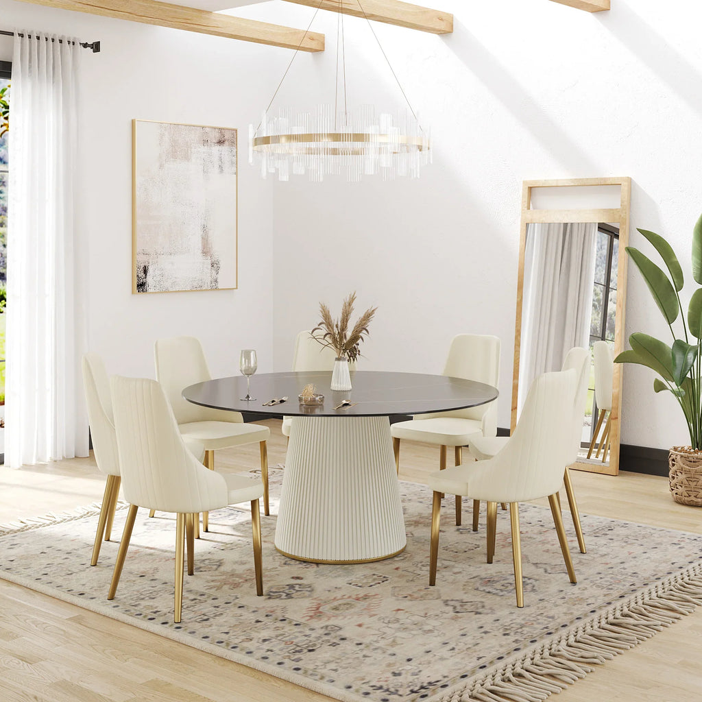 Marbella Sintered Stone Dining Table | 59" Matte Black Round With Leather-Covered Base